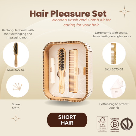 Hair Pleasure Set | Wooden Brush + Comb for Short Hair