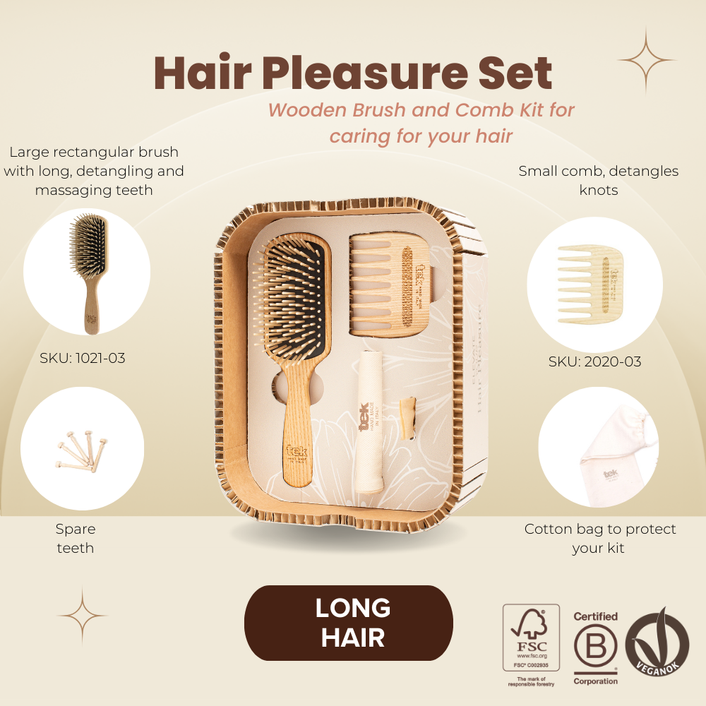 Hair Pleasure Set: Wooden Brush + Comb for Long Hair