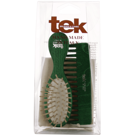 Purse kit: small oval green brush and comb with cotton pouch