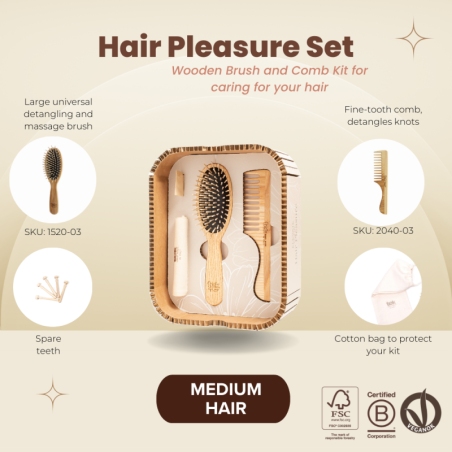 Hair Pleasure Set, Wooden Brush and Comb, Medium Hair