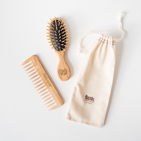 Mini Wooden Hair Brush & Comb Kit | With Natural Cotton Pouch