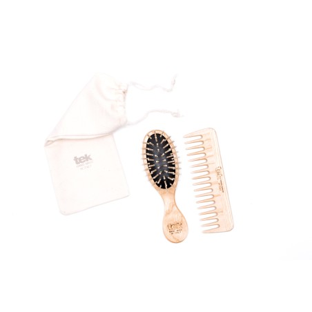 Mini Wooden Hair Brush & Comb Kit | With Natural Cotton Pouch