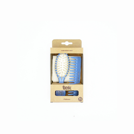 Blue Mini Wooden Hair Brush & Comb Set | With Natural Cotton Pouch