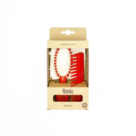 Purse kit: small oval red brush and comb with cotton pouch